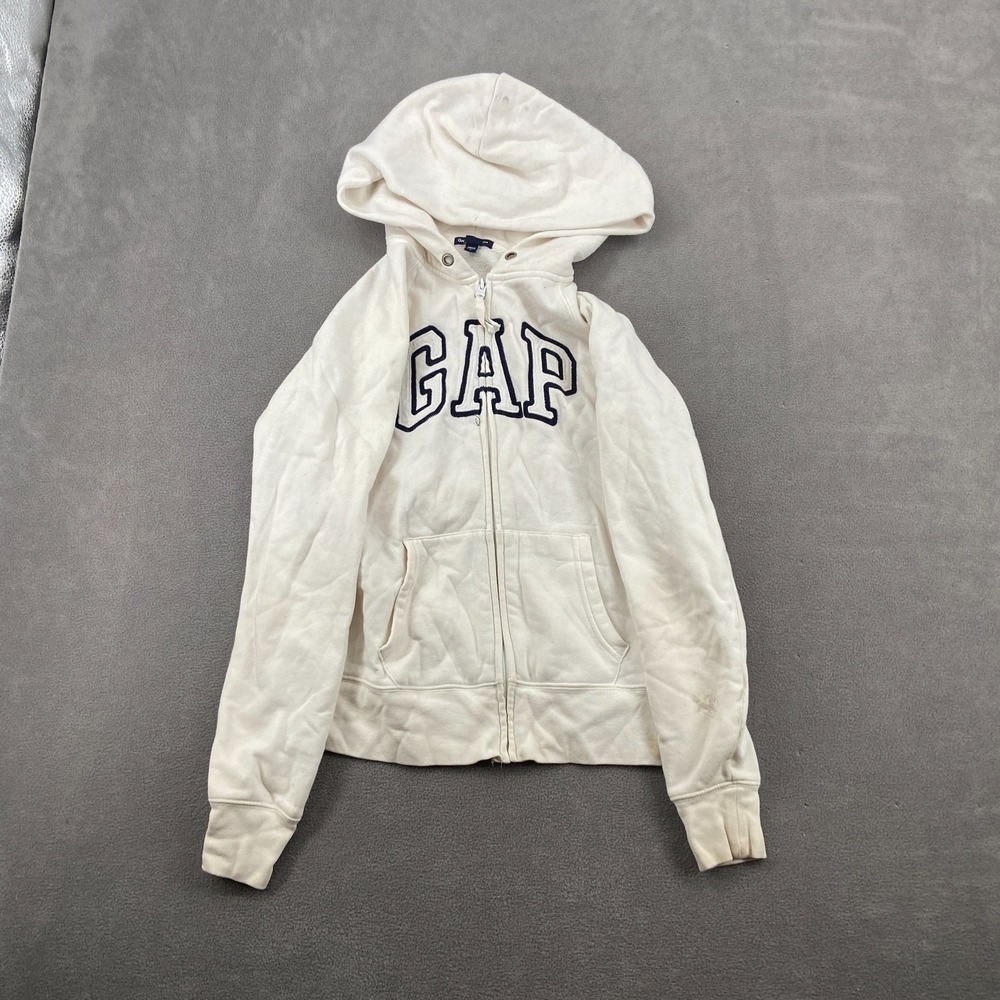 Y2K Gap Hoodie Sz S White Cotton Logo Fleece Lined Relaxed Fit Full Zip